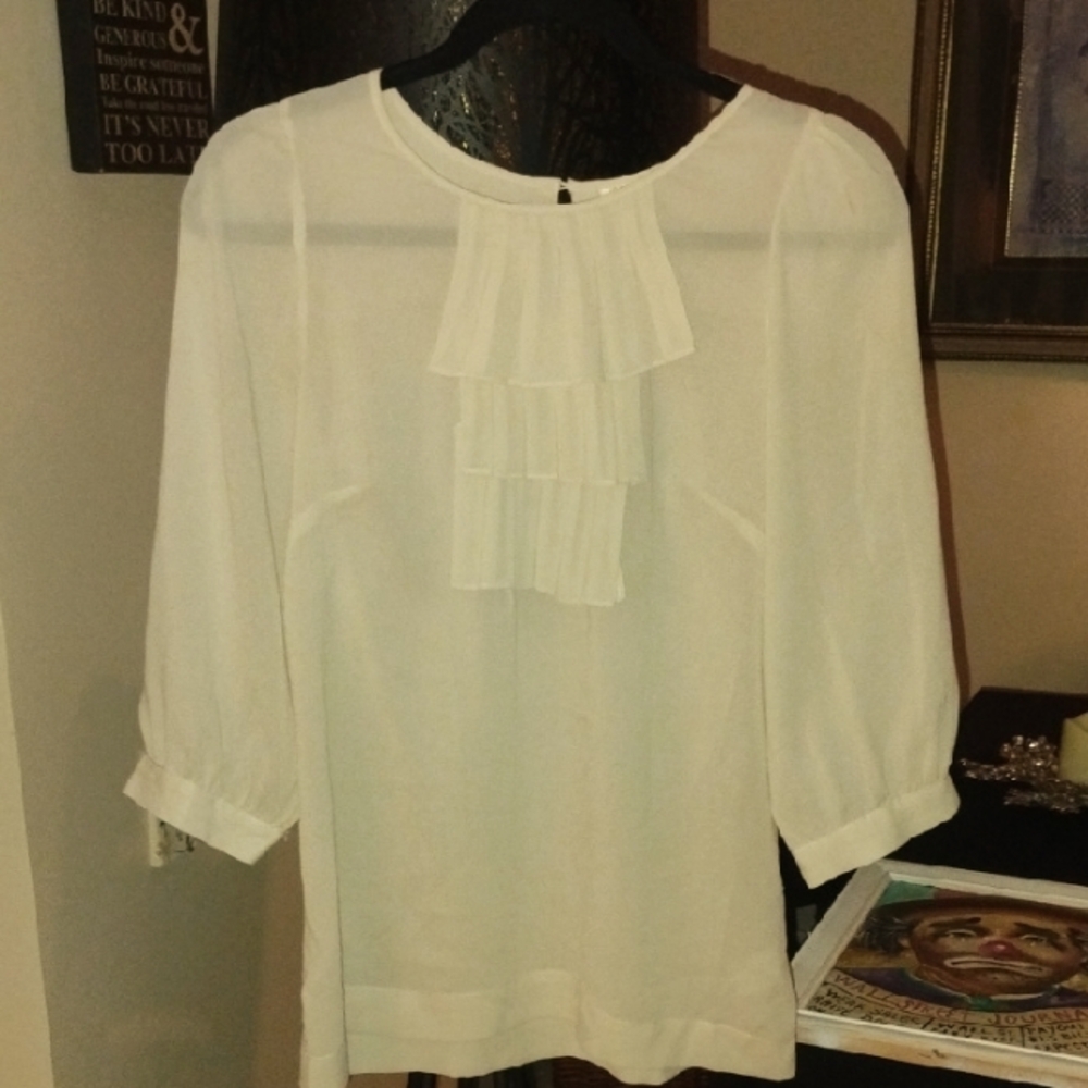 Mossman Elegant Beige Silky Blouse With 3 Tier Ruffle Neckline size Medium